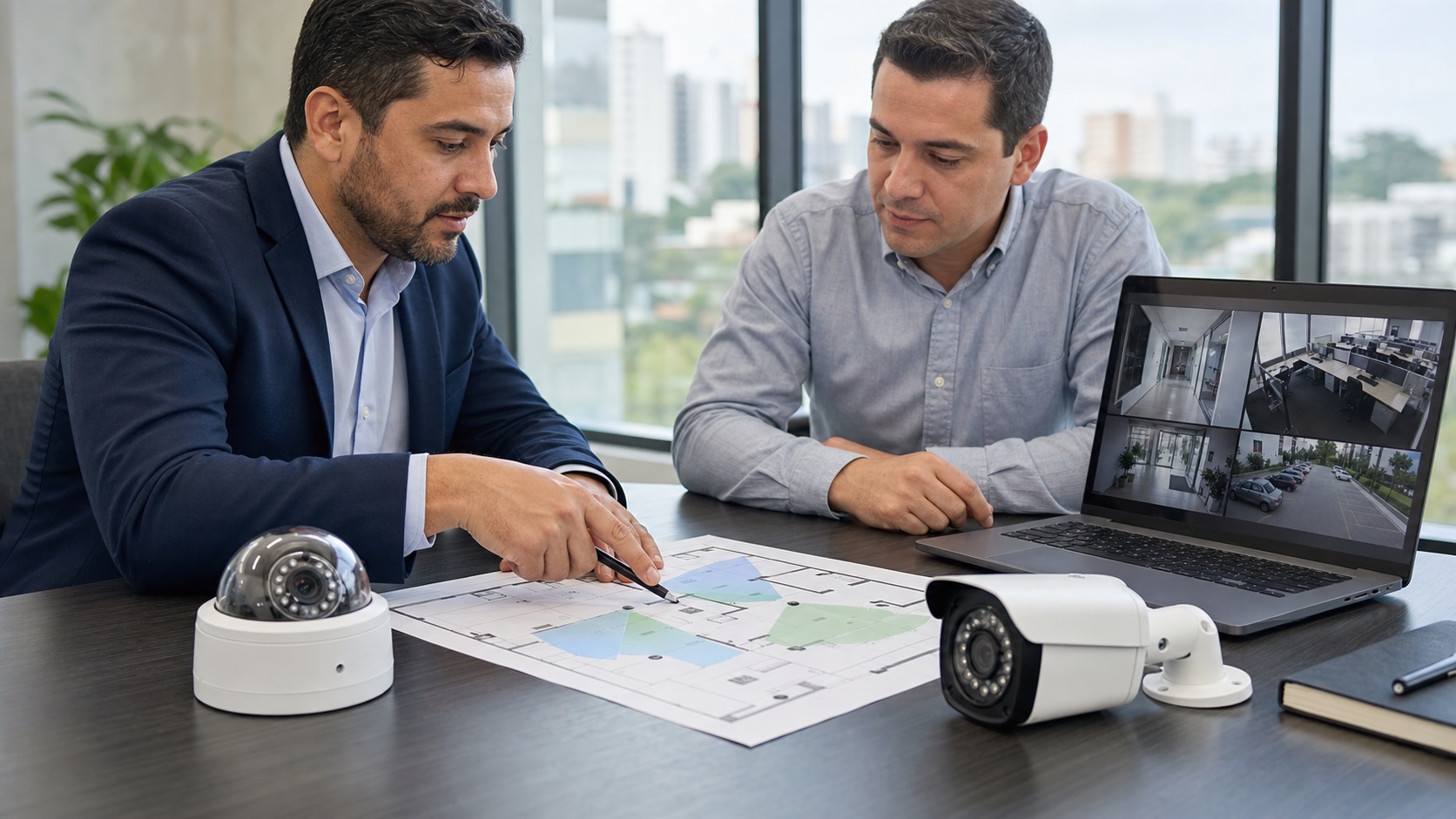 Técnico instalando una cámara de seguridad para una empresa