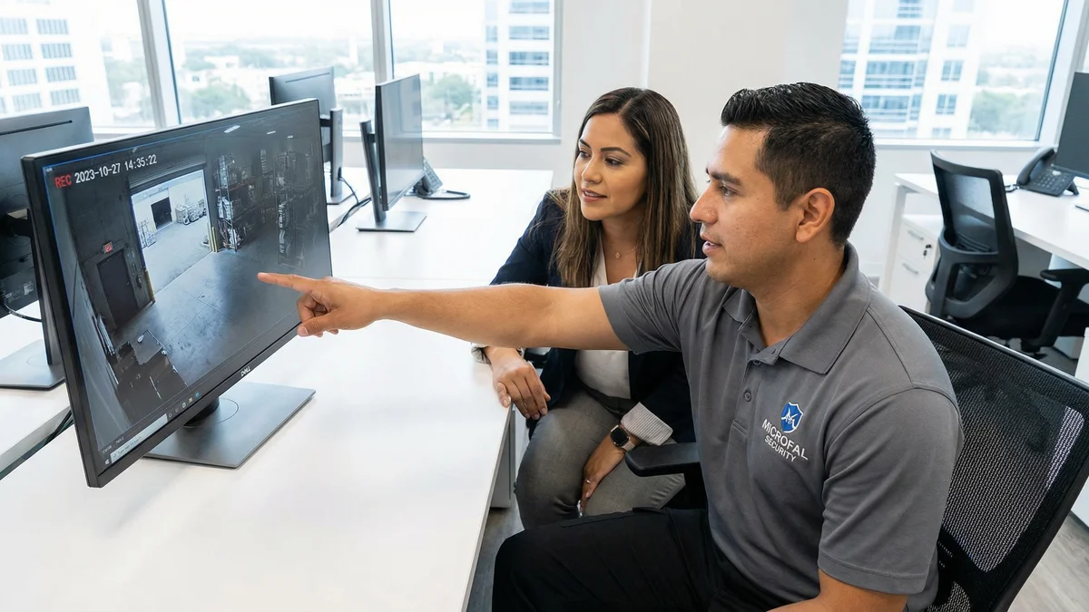 Cliente revisando sistema CCTV con técnico Microfal