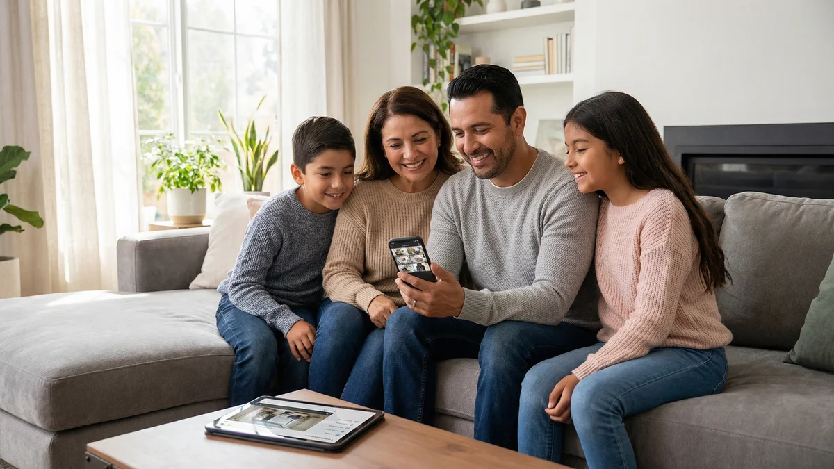 Familia paraguaya viendo sistema CCTV desde app móvil en smartphone