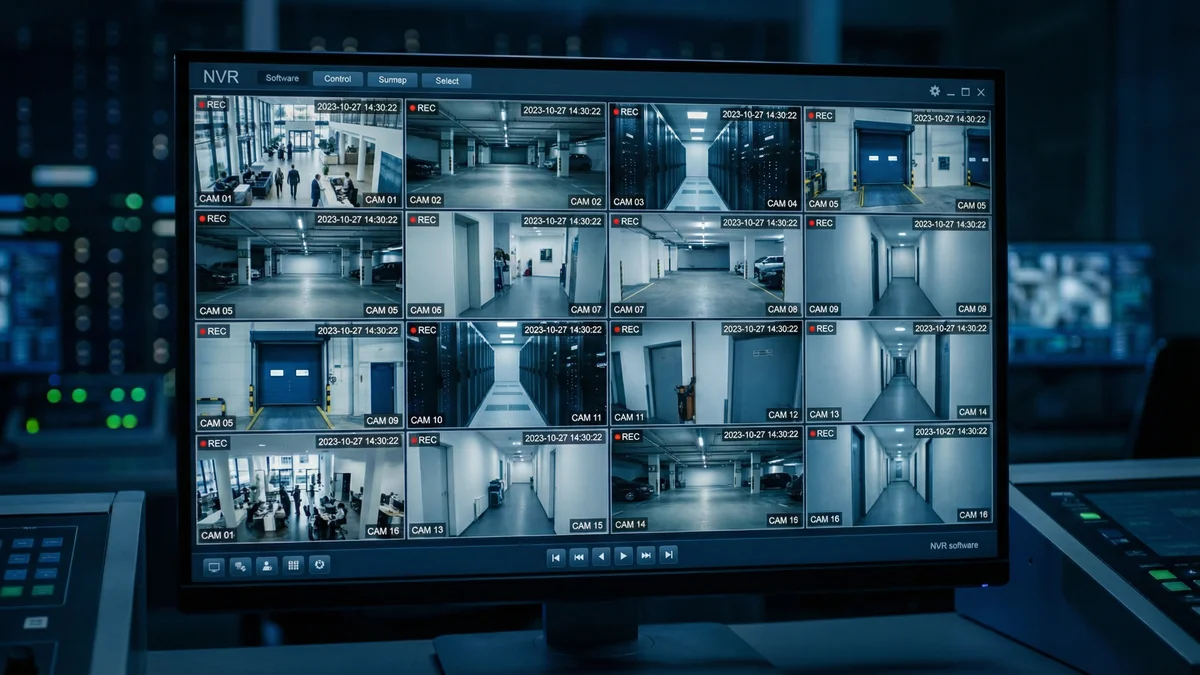 Monitor CCTV mostrando múltiples vistas de cámaras en tiempo real