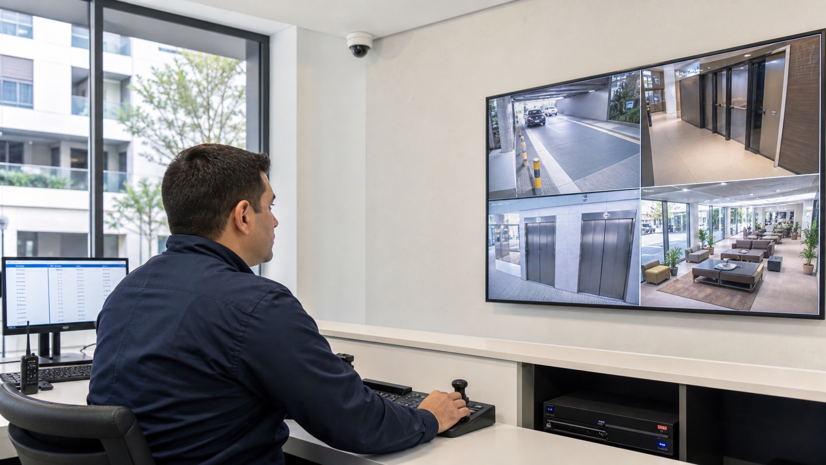 Operador revisando cámaras CCTV de accesos, cocheras y áreas comunes de un edificio