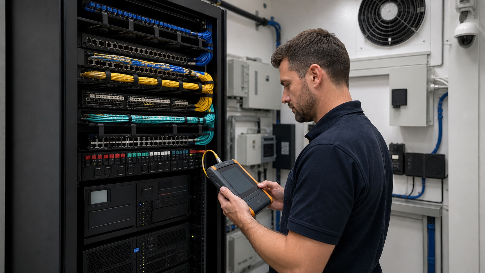Técnico revisando el rack y la infraestructura de red de seguridad de un edificio