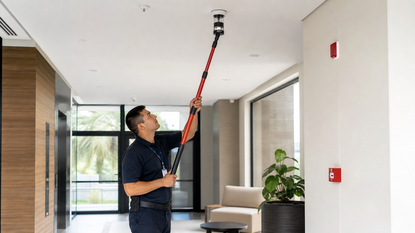 Técnico probando un detector de humo del sistema de protección contra incendios de un edificio