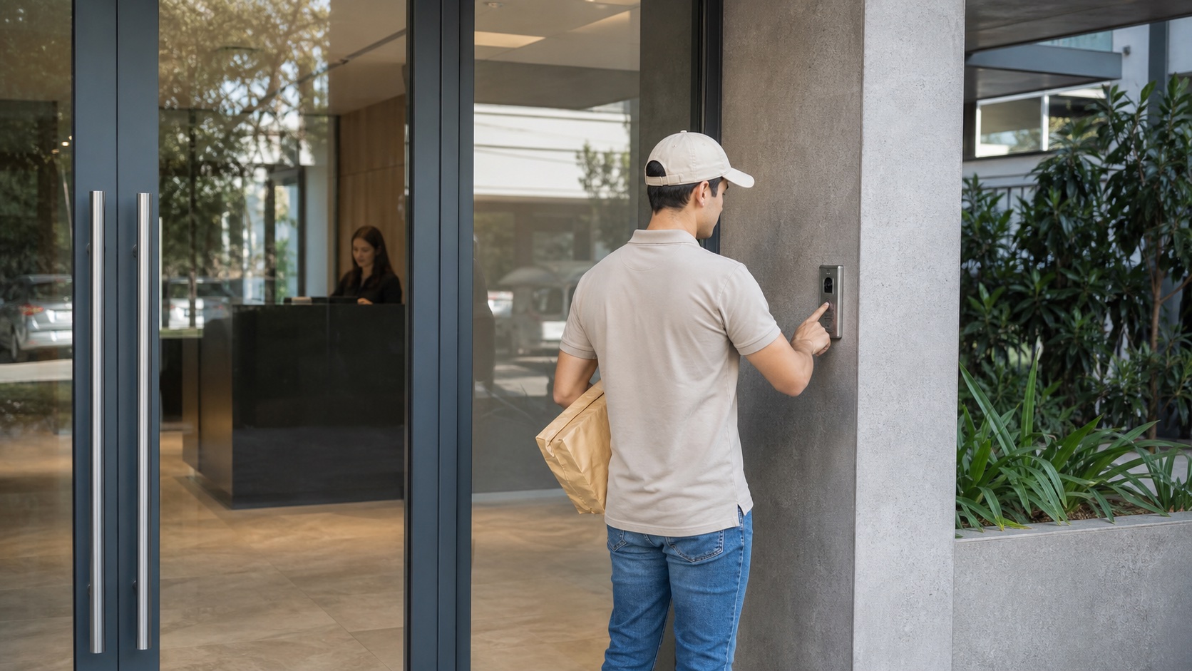 Proveedor utilizando el videoportero IP en la entrada de un edificio