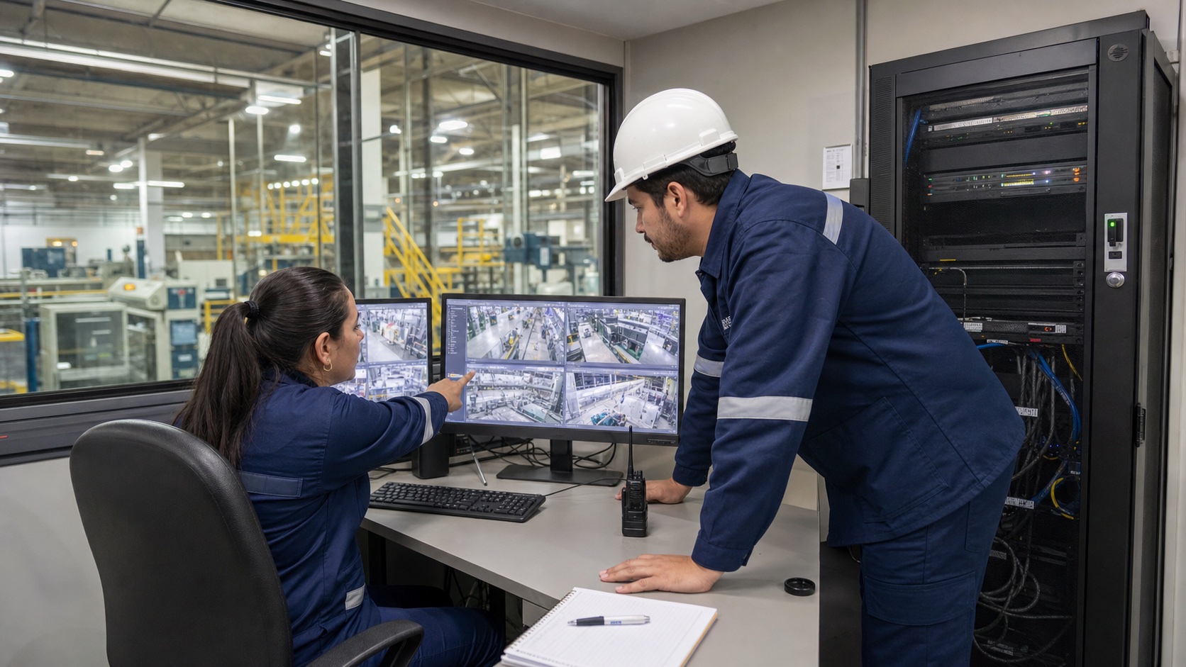 Equipo industrial revisando cámaras, red y eventos desde una operación unificada