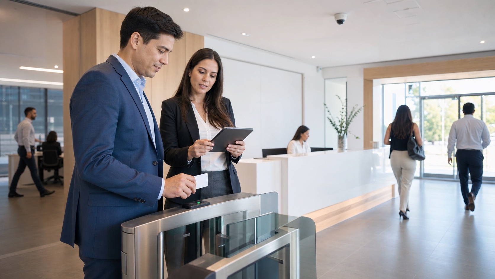 Profesionales validando ingreso con credencial en una oficina corporativa
