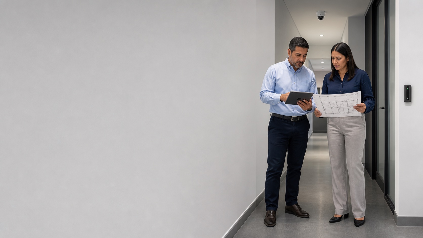 Especialista y responsable de instalaciones revisando un plano de seguridad en un entorno técnico interior