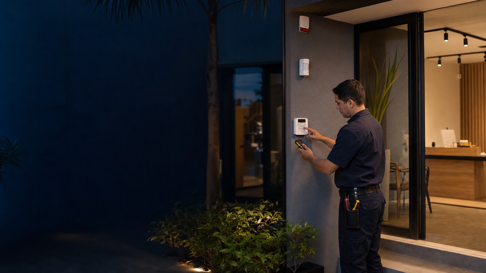 Técnico instalando un sensor de alarma en una propiedad de Paraguay