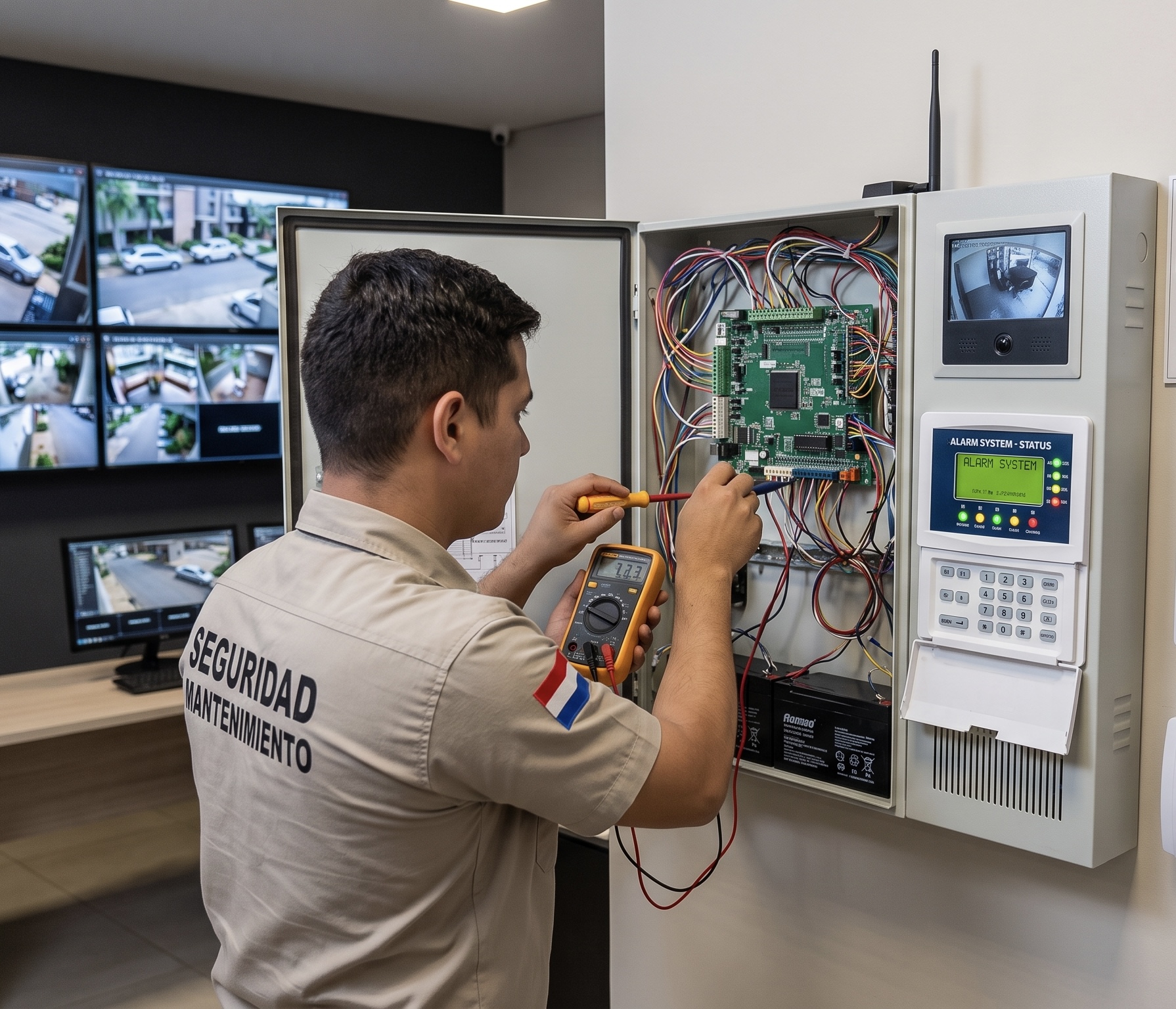 Técnico revisando el panel de una alarma durante mantenimiento preventivo