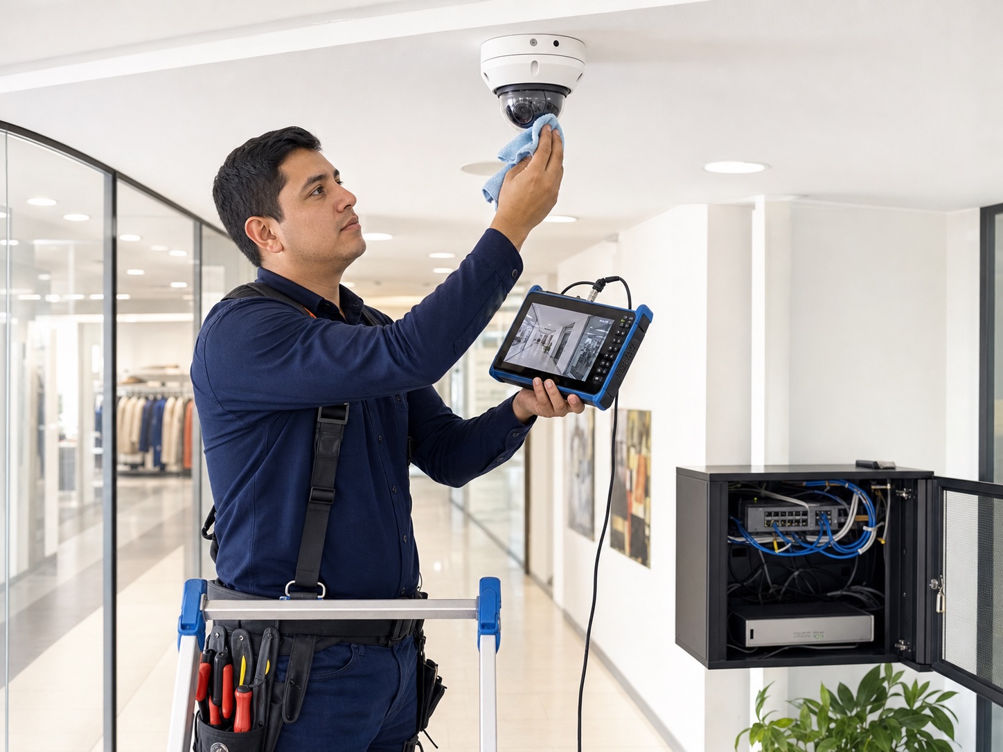Técnico realizando mantenimiento de cámaras CCTV