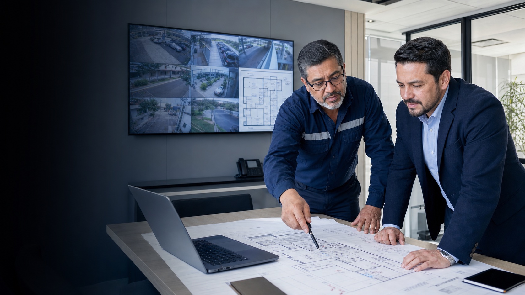 Especialistas revisando recursos técnicos de seguridad electrónica