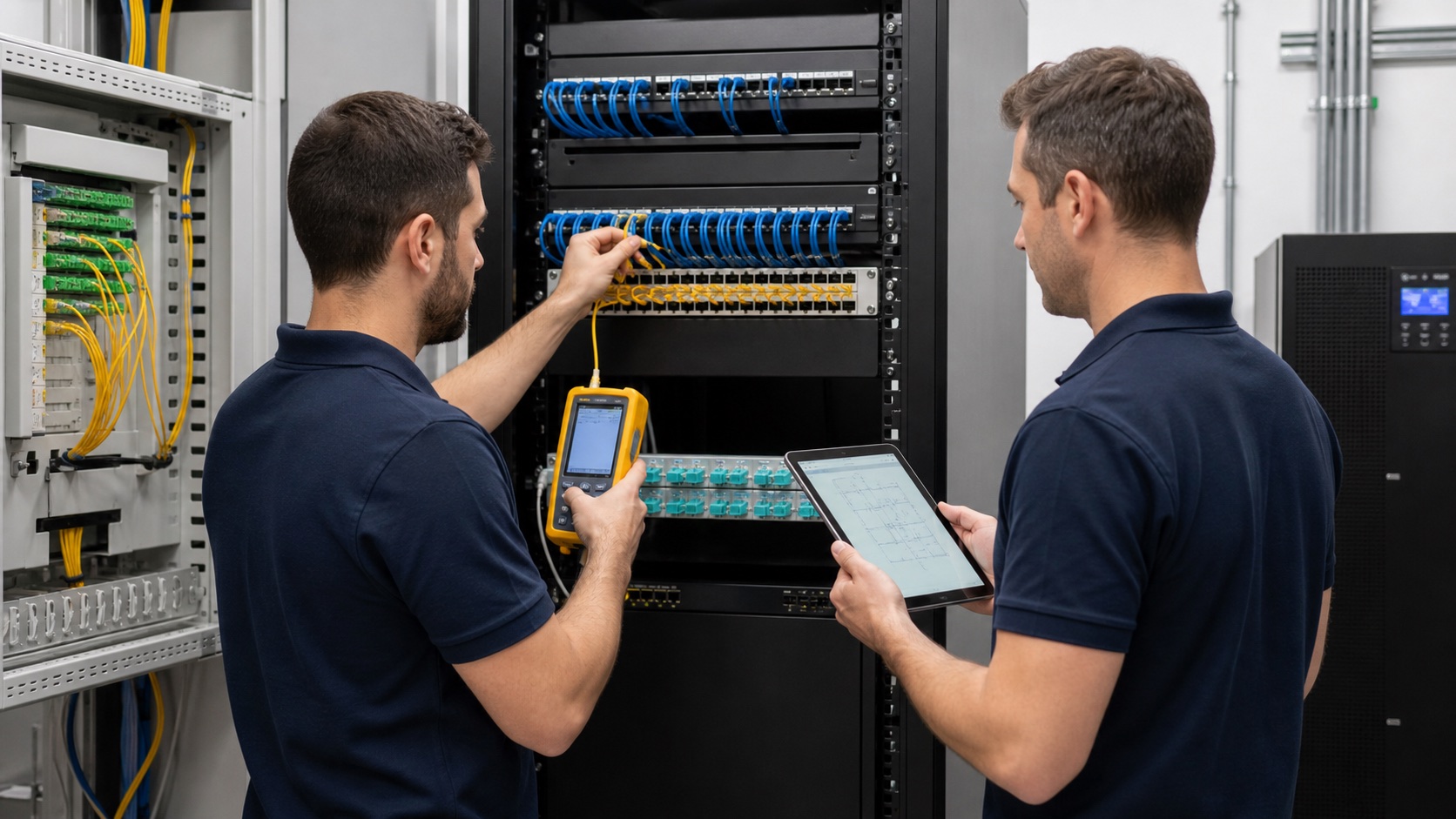 Técnicos certificando cableado y fibra en el rack de una red industrial