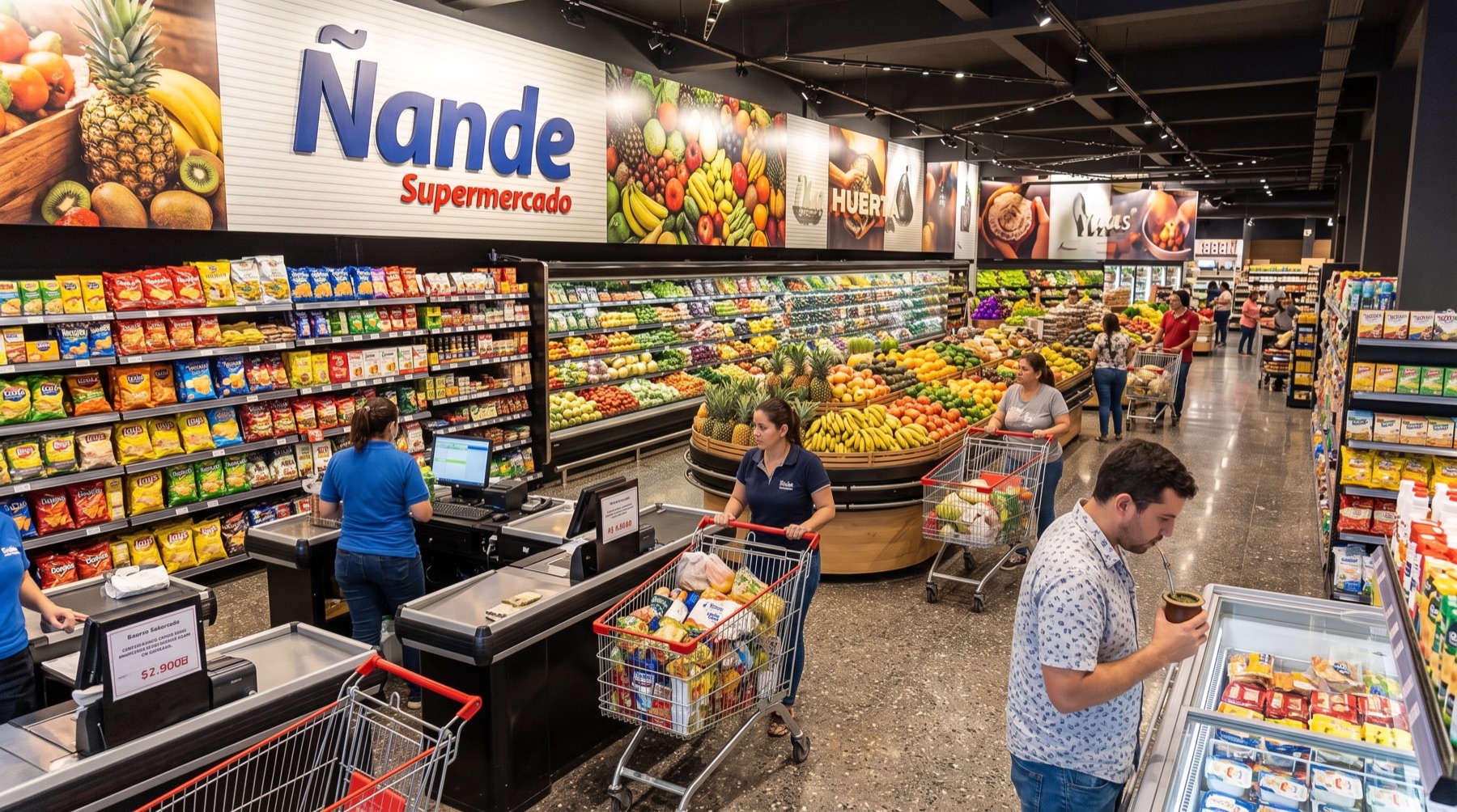Supermercado en Paraguay con cajas, góndolas y áreas de circulación