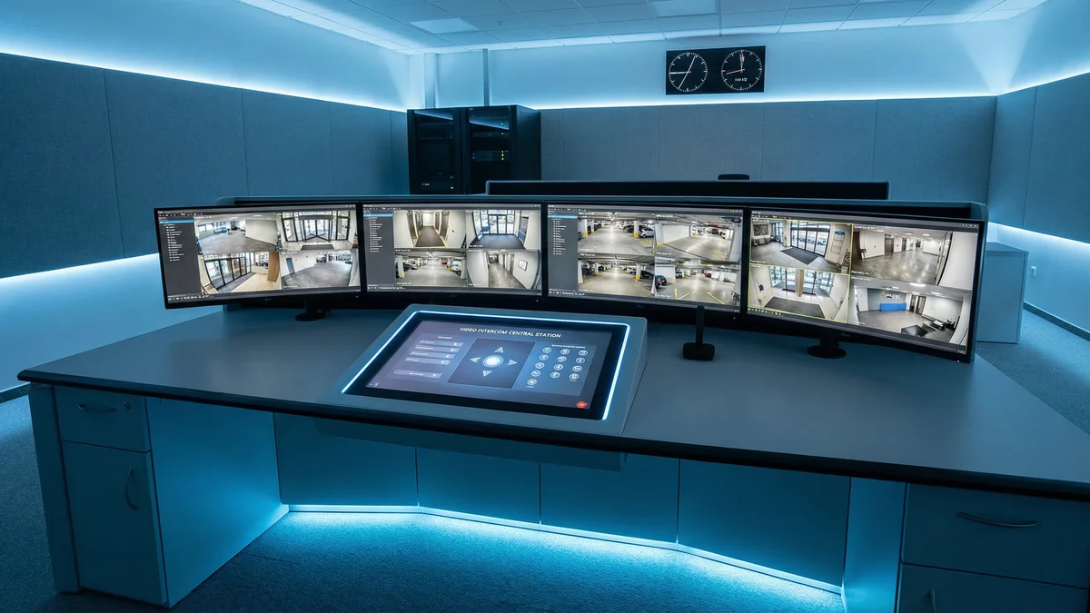 Central de videoportería con múltiples monitores para industrias